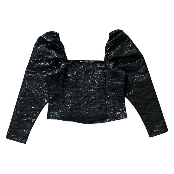 H&M Jacquard Weave Puff Sleeve Corset Top Metallic Black Medium - Picture 3 of 11